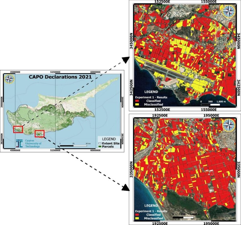 Experiment 1.The red colour indicates the classified areas, whereas yellow the misclassified areas.